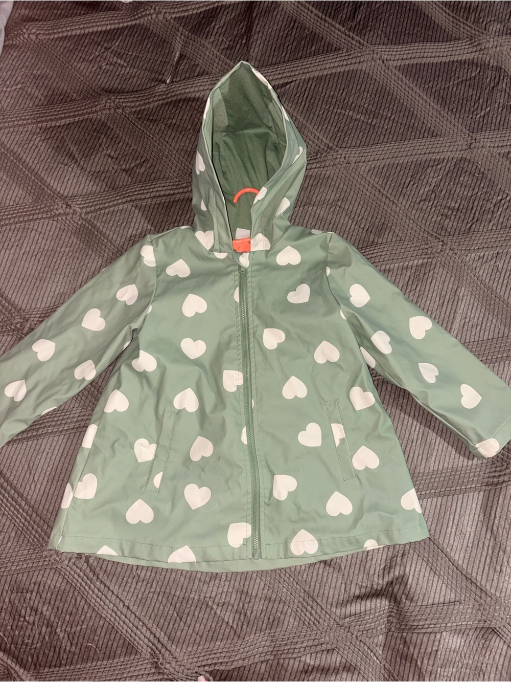 Little Me Sage Green Hooded Raincoat with White Hearts